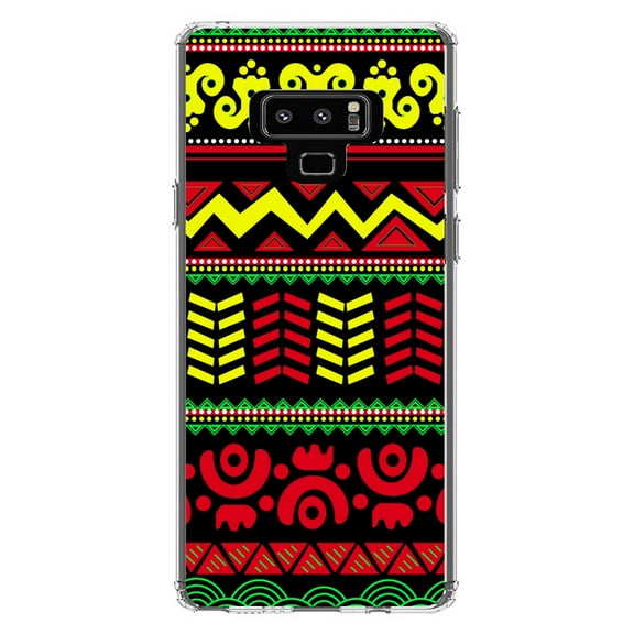 DistinctInk Clear Shockproof Hybrid Case for Samsung Galaxy Note 9 - TPU Bumper, Acrylic Back, Tempered Glass Screen Protector - Black Yellow Red Aztec Tribal