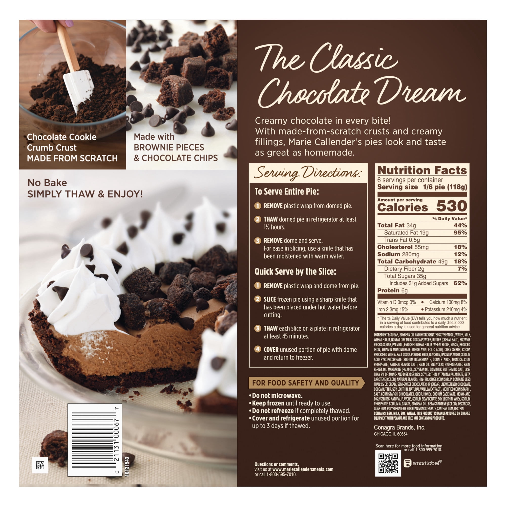 Marie Callender's Chocolate Brownie Cream Pie, Thaw & Serve Frozen Dessert, 25 oz.