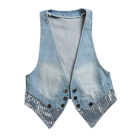 Hwmodou Sleeveless Denim Jacket Womens Sequined Slim Cropped Jean Jacket Vintage Denim Vest For Women