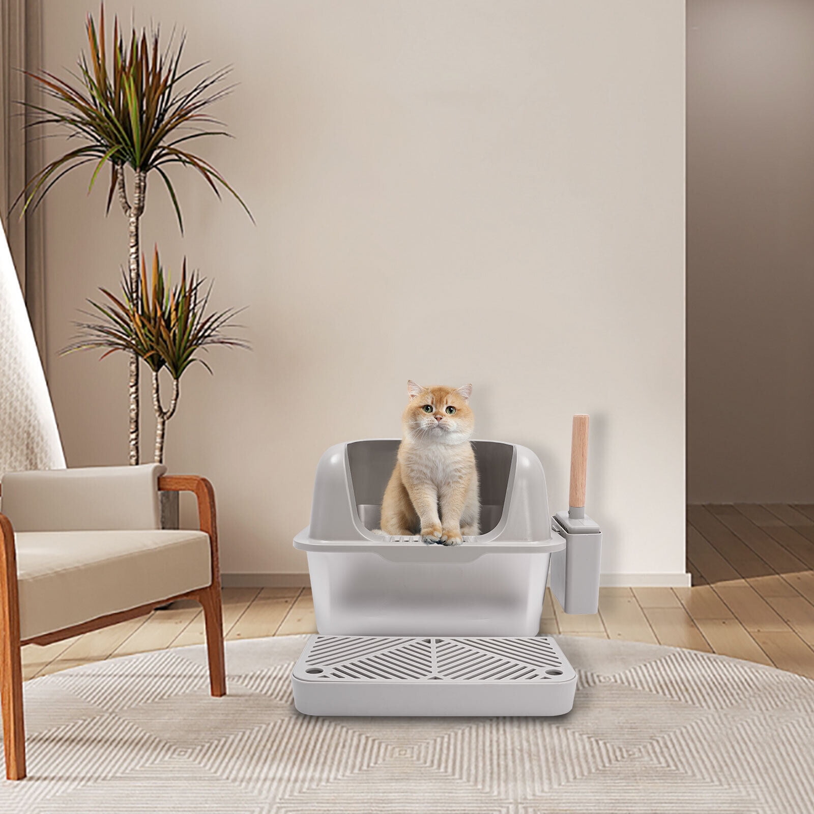 20L Stainless Steel Cat Litter Box Large Litter Box with Guardrial Scoop