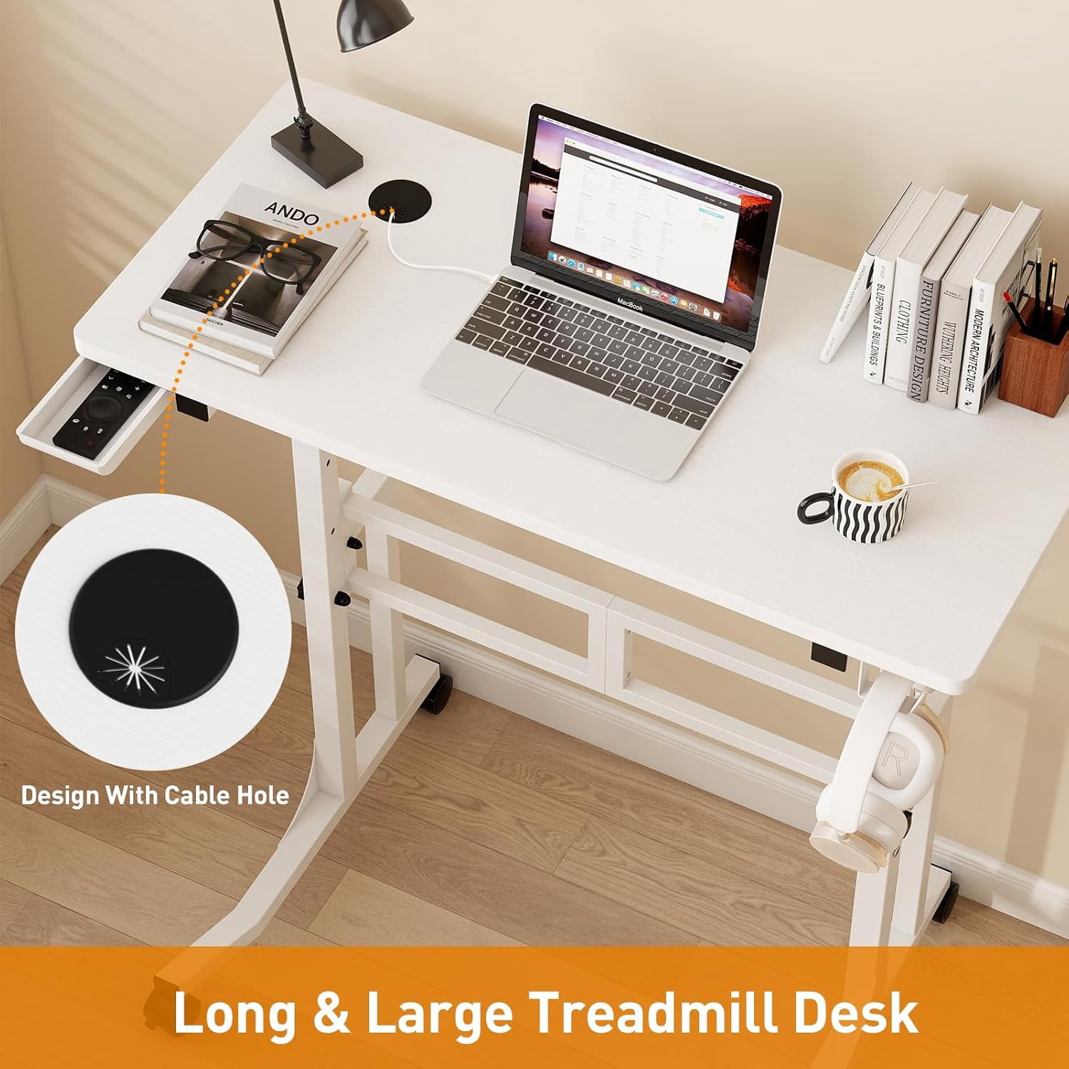 Standing Desk with Wheels, Adjustable Treadmill Desk, Rolling Bike Trainer Desk for Walking Pad Laptop, Phone Standing, White