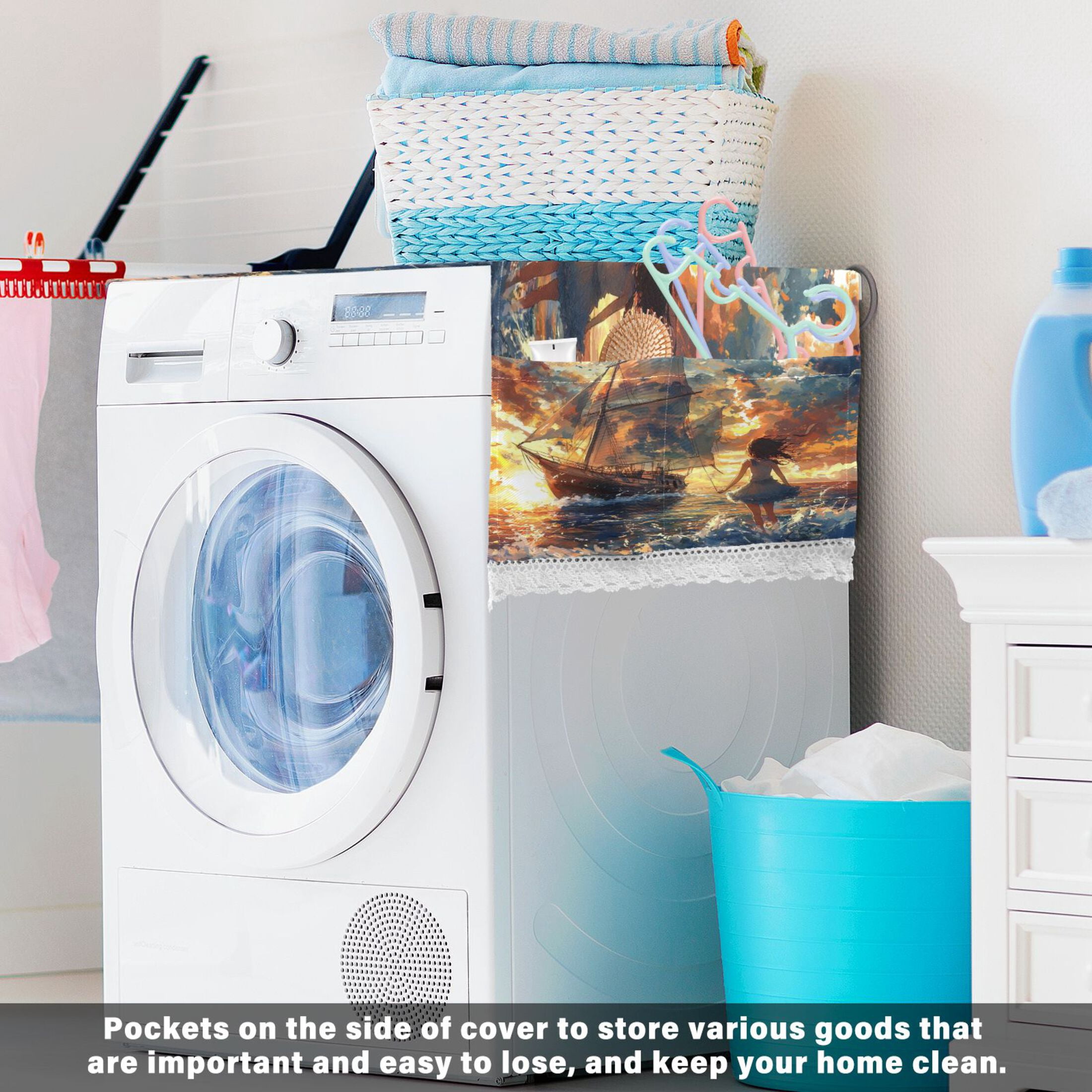 A Girl and SaiboatWasher and Dryer Covers Dust-Proof and Oil Resistant Fridge Cover with 4 Storage Pockets Washing Machine Top Cover for Laundry Kitchen Home 51.2 x 22 In