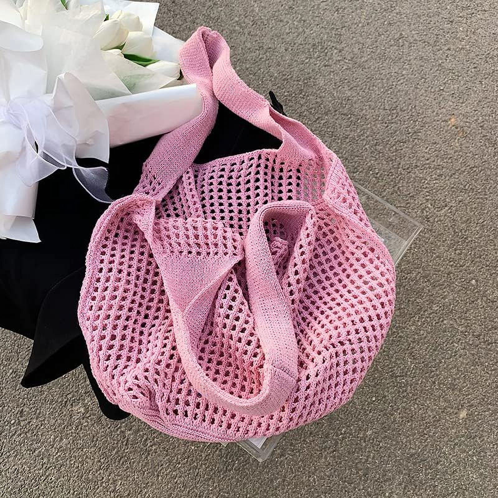 LinYooLi Crochet Tote Bag, Cute Boho Knit Tote Bag Aesthetic Y2K Large Crochet Beach Bag Shoulder Bag Handbag