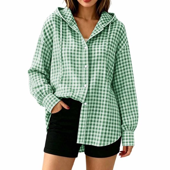 ClodeEU Women's Hooded Plaid Button Down Long Sleeve Shirt ,Casual Loose Blouses Jackets Army Green-Plaid,Women's Plus L