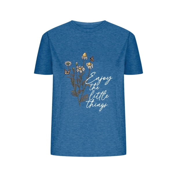 Camisetas de Verano de Mujer Pequeña Flor Impresa Cuello Redondo Manga Corta Superior, Verano Superior de las Mujeres