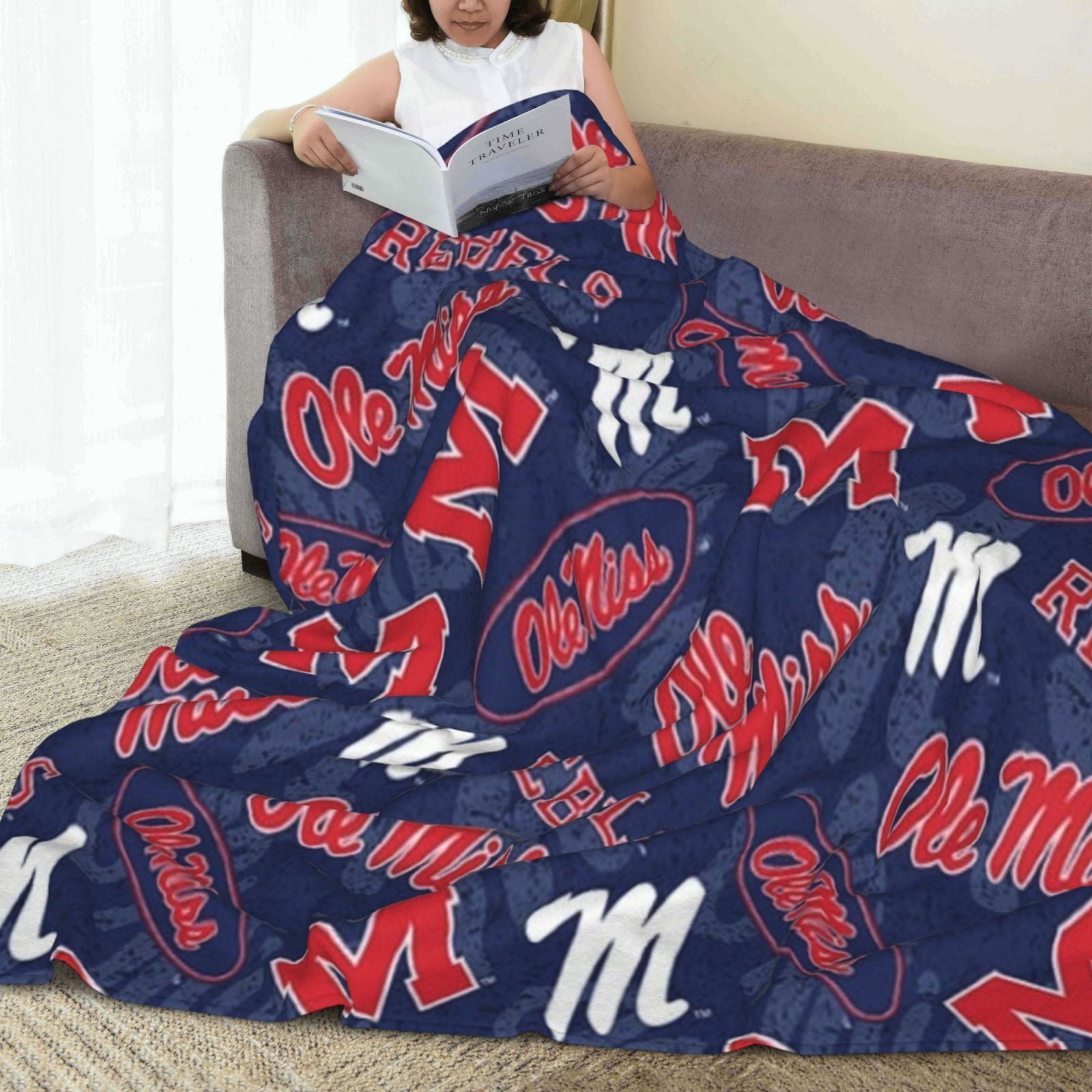 Ole Miss Rebel Flannel Fleece Blanket Soft Warm & Cozy for Sofa Bed Office Car All-Season Gift Vintage Style Digital Print KnittedNavy Blue with Bold Red & White Lettering