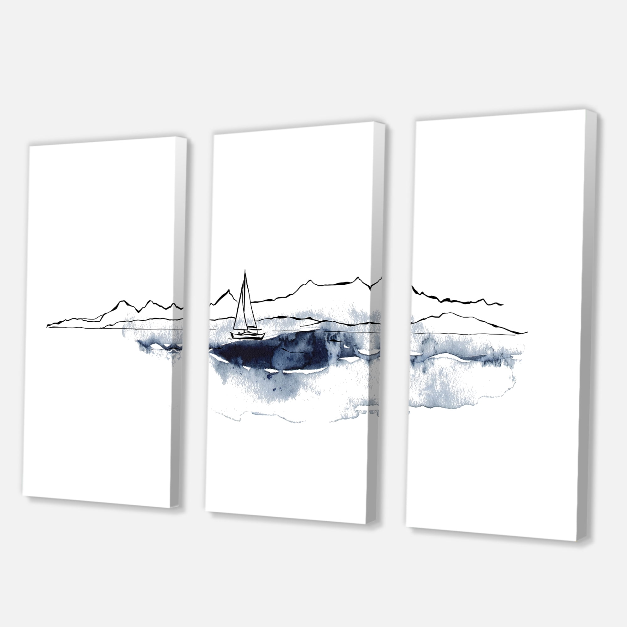 Designart ' Minimalistic Seascape With Boat and Black Mountains ' Nautical & Coastal Canvas Wall Art Print