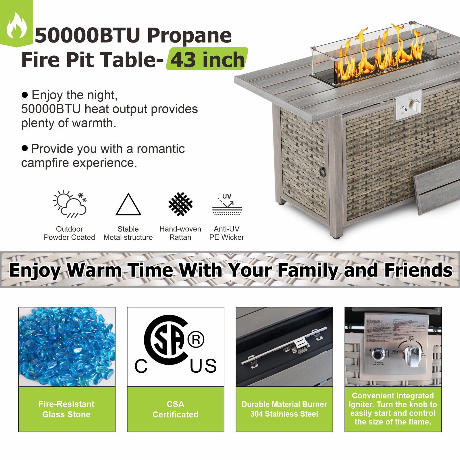 Evita 43'' 50,000 BTU Retangular Outdoor Gas Propan Fire Pit Table in Brown Wicker with Removable Lid and Waterproof Cover