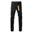thumbnail image 3 of Men's Black Distressed Skinny Jeans, Ripped Patch Repair Slim Fit Stretch Denim Pants, Streetwear Casual Fashion Jeans for Men, 3 of 3