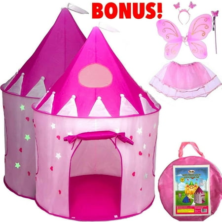 5-Piece Princess Castle Girls Play Tent w/ Glow in The Dark Stars & Butterfly Fairy Dress Up Costume - Childrens Play Tents for Indoor & Outdoor Use with Pink Girls Playhouse