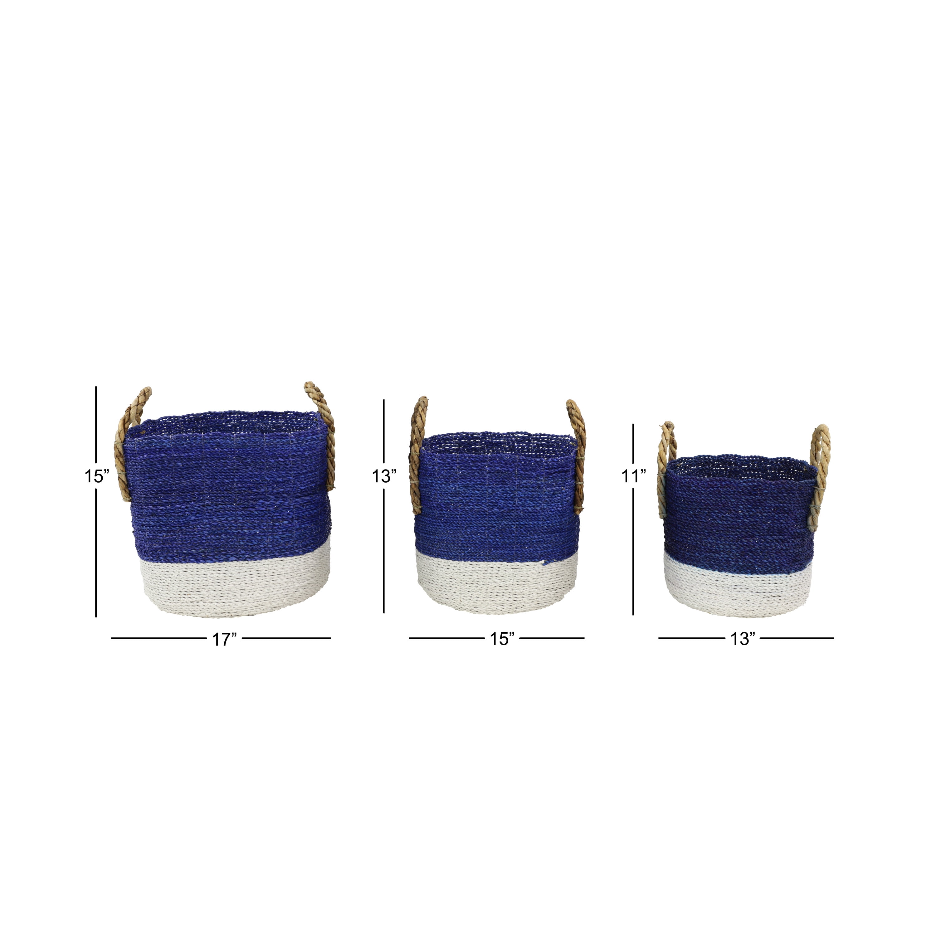 DecMode 17", 15", 13"W Blue Seagrass Handmade Two Toned Storage Basket with Handles, 3-Pieces