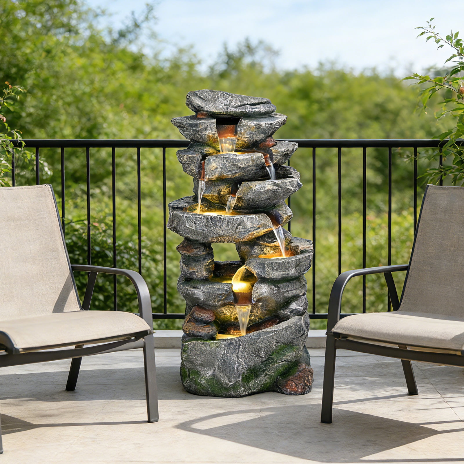 39" 7-Tier Cascading Rock Fountain - With LED Lights & Pump, Outdoor Garden Decor, Self-Contained Recirculating & Weather-Resistant