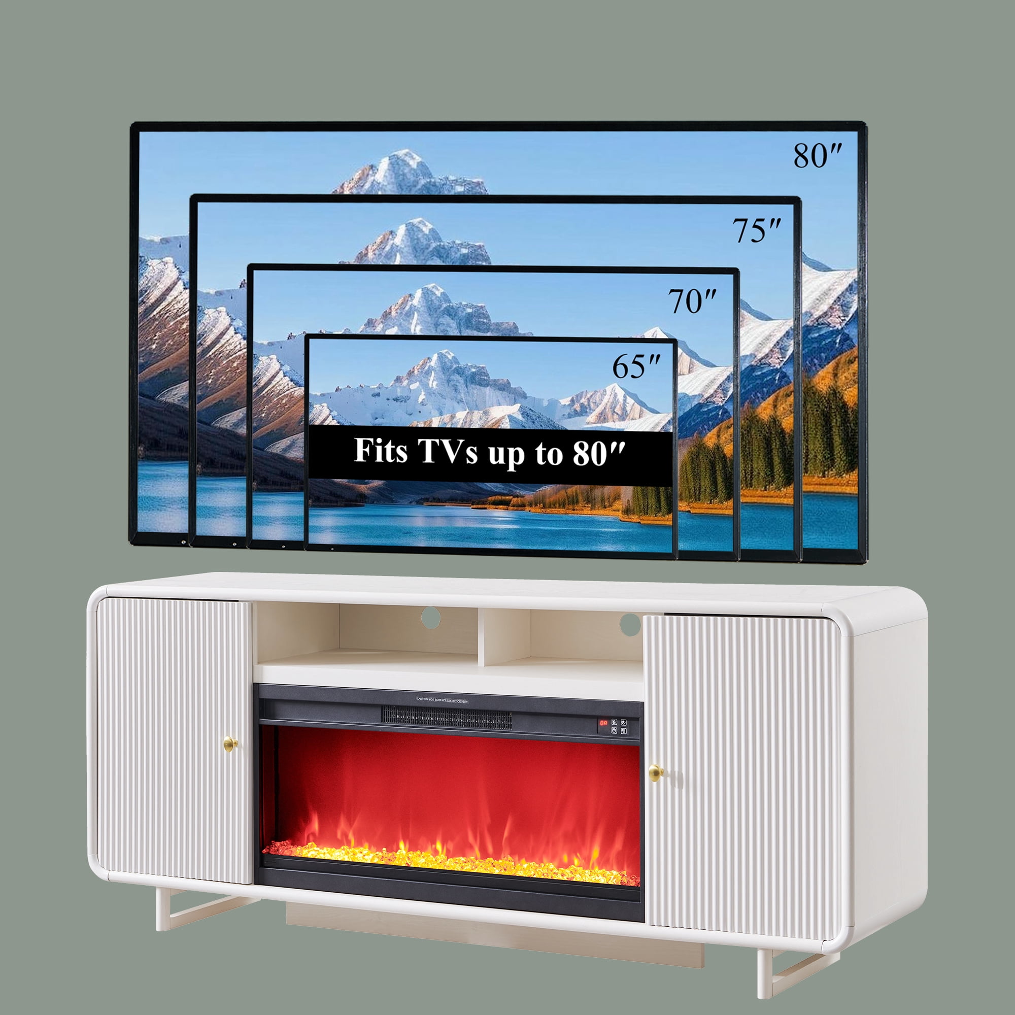 SinCiDo 70" Electric Fireplace TV Stand, Modern TV Stand up to 80" with Fireplace, Wood Media Console w/Curved Profile Design for Living Room