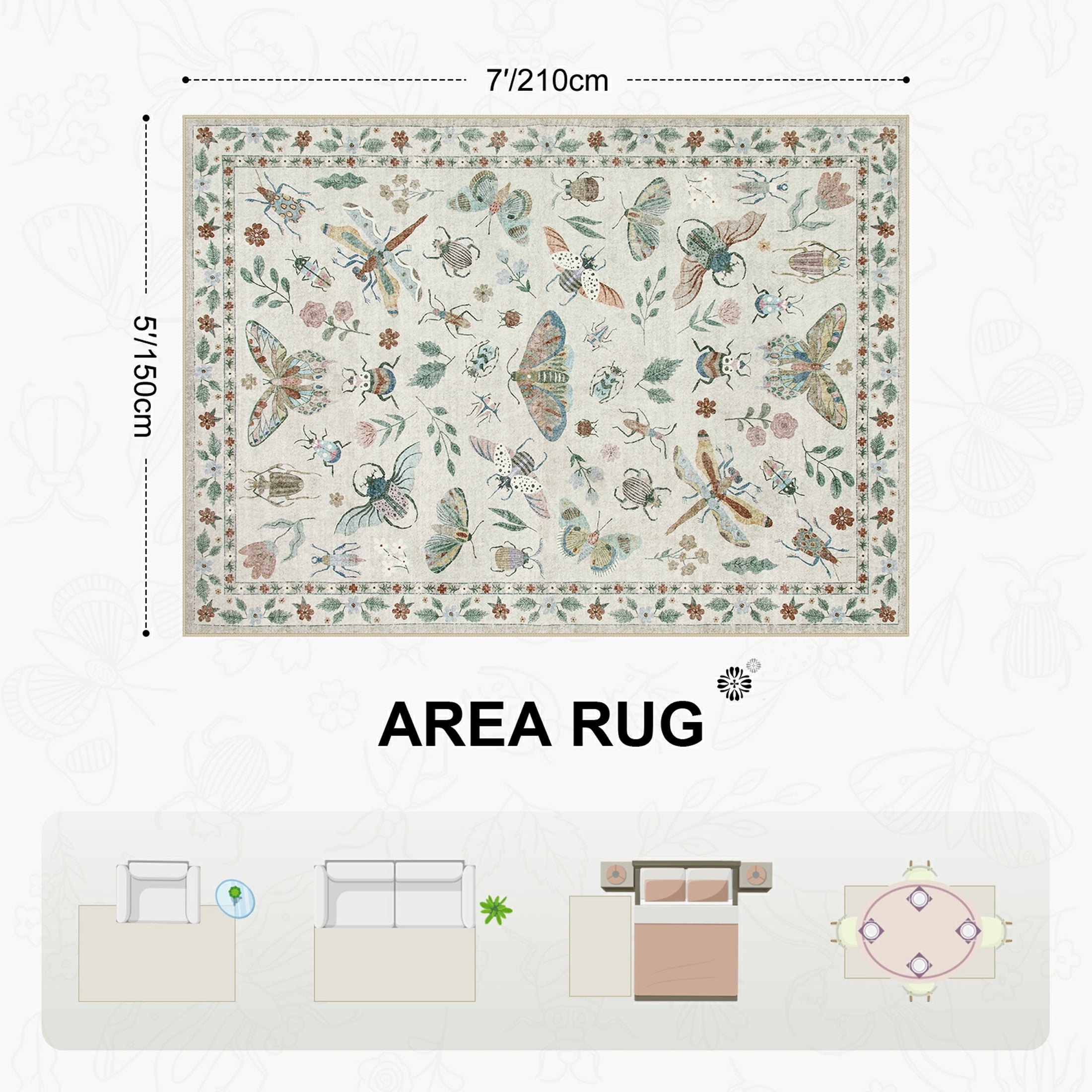 Moynesa Insect 5'x7' Area Rugs Washable Rug for Living Room Soft Natural Bedroom Rug Bug Accent Carpet for Dining Room Nursery Office Stain Resistant Non Slip, Beige