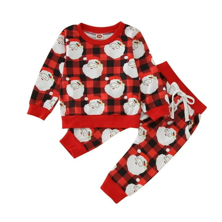 

Little Girls Clothes Size 7-8 Toddler Boys Girls Christmas Long Sleeve Plaid Cartoon Santa Prints T Shirt Tops Pants Outfits Organic Baby Girl