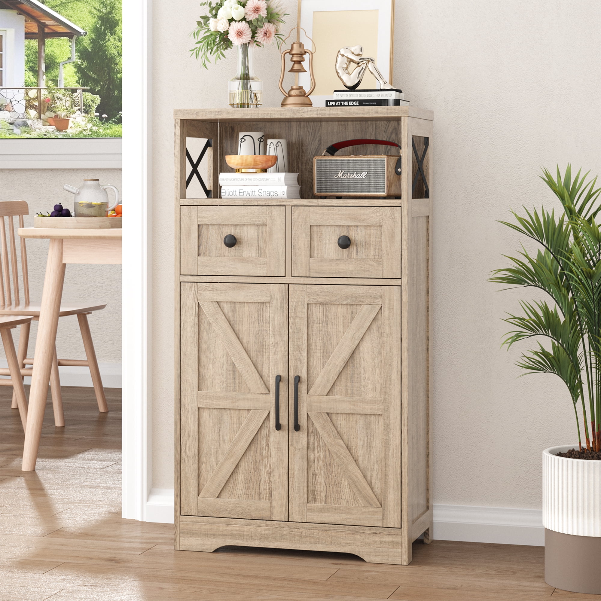 Farmhouse Storage Cabinet with Drawers and Shelves, Natural