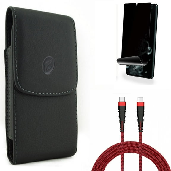 10ft PD Cable w Case Belt Clip w Privacy Screen Protector for Samsung Galaxy S20 Ultra - Type-C to USB-C Charger Cord Power, Leather Holster Cover, TPU Film [NOT GLASS] fits Galaxy S20 Ultra