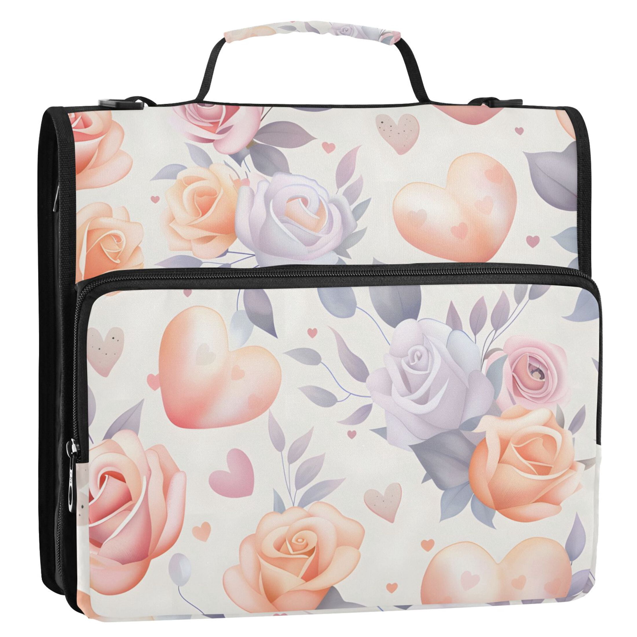 3 Ring Zipper Binder with Shoulder Strap Waterproof Trapper Keeper 2 Inch D-Ring 500 Sheets Capacity Hearts and Roses