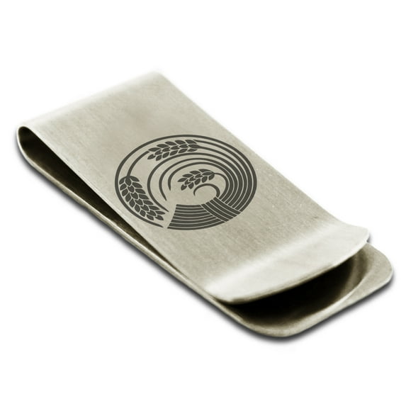 Stainless Steel Circle of Rice Plant Kamon Crest Engraved Money Clip Credit Card Holder
