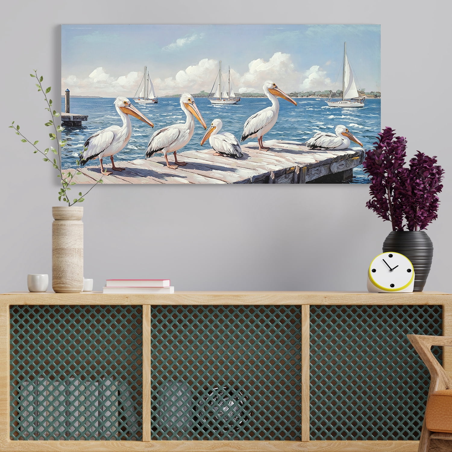 MOONMISS 22x44 Beach Canvas Wall Art Blue Ocean Seagull Painting Modern Coastal Seascape Living Room Bedroom Decor