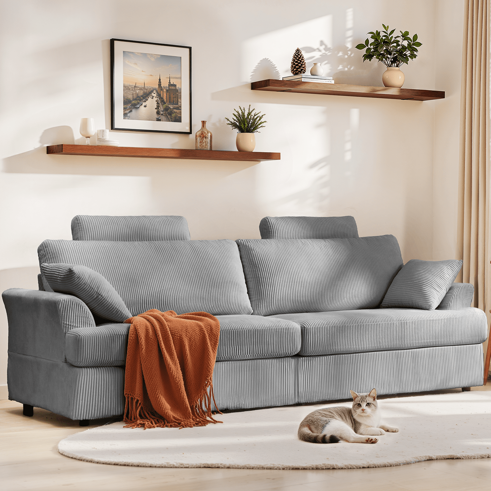 Sofa, Comfy Couch Sofa with Deep Seat and Thick Cushion, Upholstered Linen Fabric Couch for Living Room Bedroom Office with 2 Pillows, Gray
