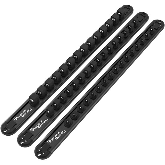Precision Defined Aluminum Tool Socket Holder 3-Piece Set | Black, 1/4-Inch x 16 Clips, 3/8-Inch x 16 Clips, 1/2-Inch x 14 Clips | 360 Rotation