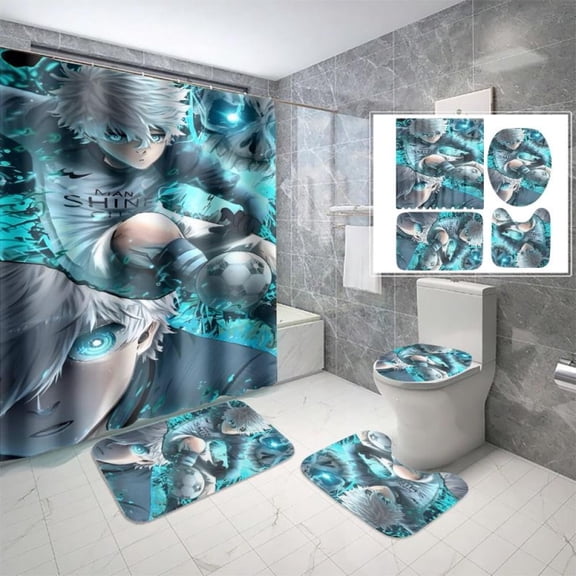 Lheaggik Anime Blue Lock 4 Pcs Bathroom Sets with Shower Curtain and Rugs, Waterproof Polyester Shower Curtain Sets with Hooks