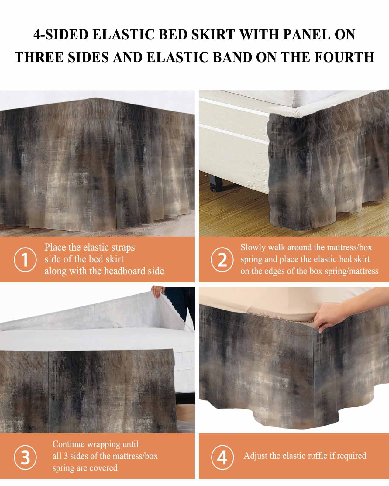 Brown Wrap Around Bed Skirts for Queen Bed 16" Drop, Bed Skirt with Adjustable Elastic Belt Dust Ruffle Bed Valance for Bedroom Hotel Luxury Modern Abstract Art Ombre Oil Painting Bed Frame Cover