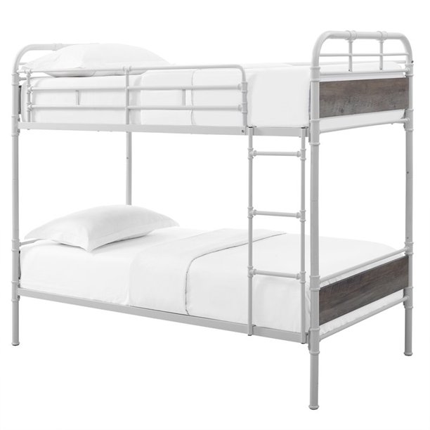 Twin over Twin Wood and Metal Pipe Bunk Bed - White and ...