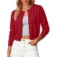 thumbnail image 2 of Cropped Cardigan Sweater Womens Lightweight Soft Knit Long Sleeve Crew Neck Button Down Dressy Cute Versatile Spring Fall Business Casual Work Travel Red L, 2 of 6
