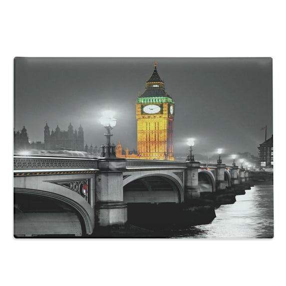 London Cutting Board, Big Ben and Westminster Bridge at Night in UK Street River European Look, Decorative Tempered Glass Cutting and Serving Board, Large Size, Grey Yellow, by Ambesonne