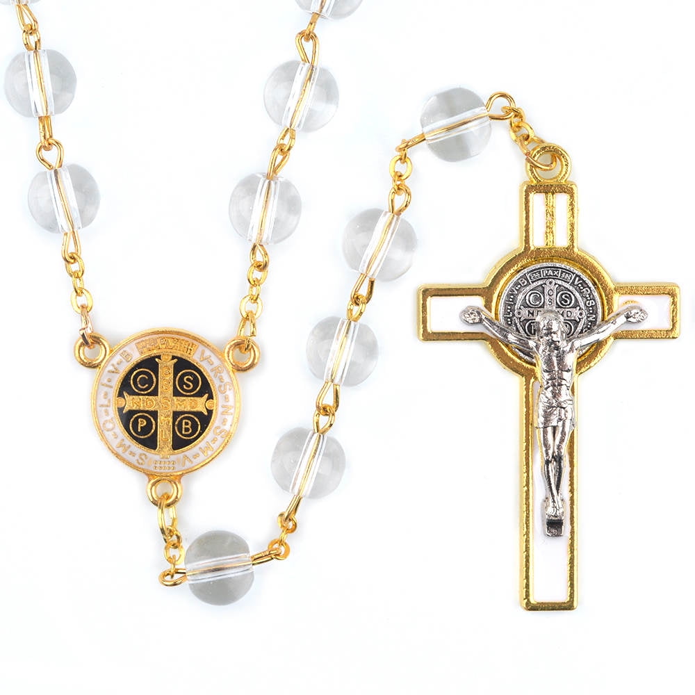 St. Saint Benedict Benedictine White 8mm Bead Catholic Religious Gifts Protection Rosary Rosaries Beads