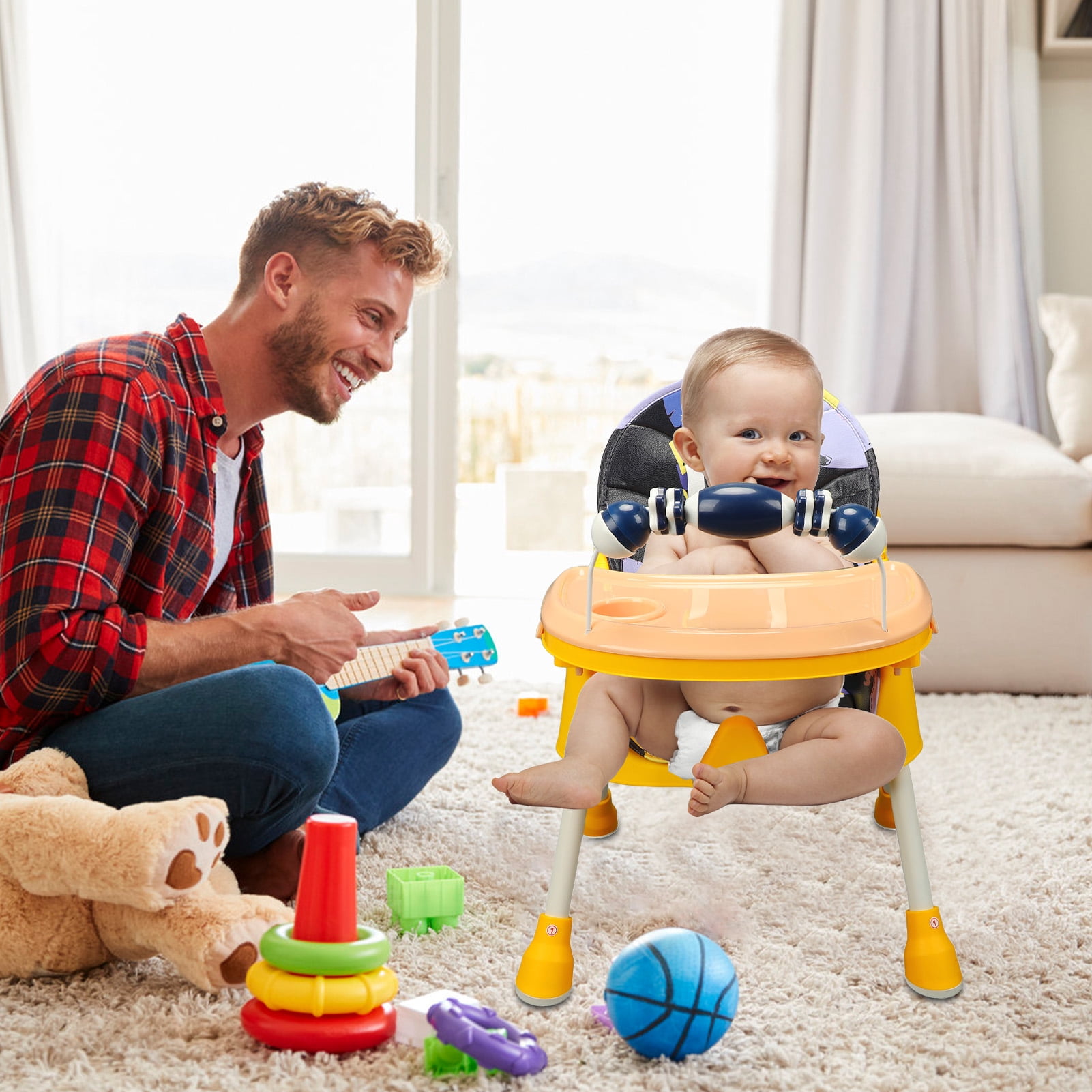 4-in-1 Folding Baby High Chair with Wheels & Tray, Adjustable Booster Seat Convertible High Chairs for Babies Toddlers 6 Months to 5 Years
