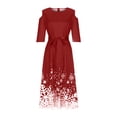 thumbnail image 3 of AherBiu Robe de Noël pour Femmes à Épaules Dénudées, Manches 3/4, Fermeture Éclair, Taille à Nœud, Froncée, Robe Midi de Fête, 3 of 6