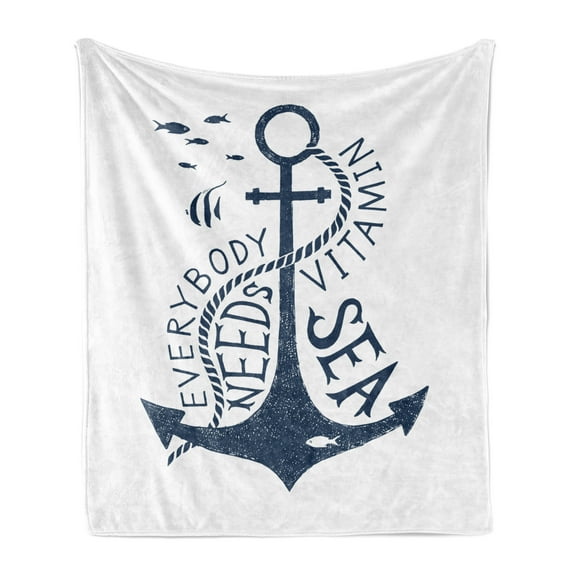 Anchor Soft Flannel Fleece Throw Blanket, Hand Drawn Everybody Needs Vitamin Sea Words Monochrome Fish Silhouette, Cozy Plush for Indoor and Outdoor Use, 50" x 60", Dark Blue and White, by Ambesonne