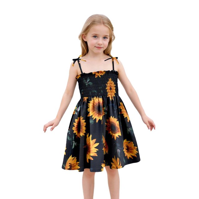 Robe Fille Tout-Petit Bébé Été Imprimé Floral Robe à Bretelles Légère Décontractée avec Attaches Réglables pour Plage Robes Enfants Noir 3 Ans-4 Ans