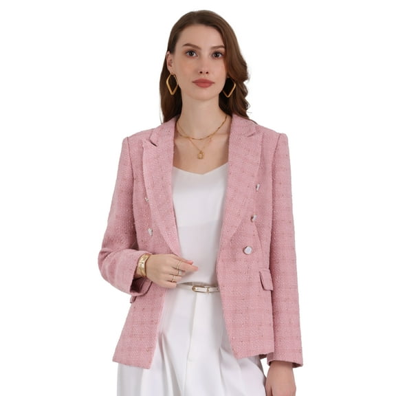 DARING DIVA Women's Tweed Blazer Notched Lapel Double Breasted Suit Jacket M Pink