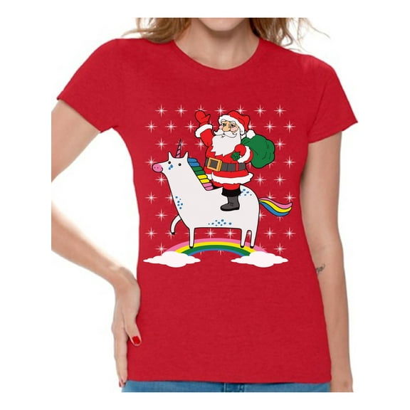 Awkward Styles Unicorn Santa Tshirt Women's Santa Unicorn Shirt Santa Christmas T Shirt Xmas Unicorn Shirts Funny Christmas Shirts for Women Xmas Gifts for Unicorn Lovers Unicorn Shirt for Xmas
