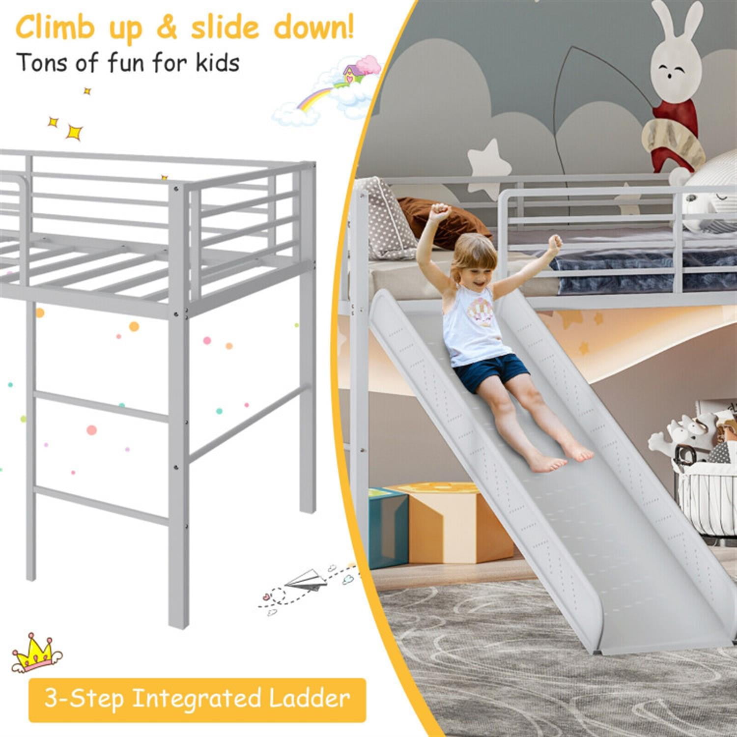 Demi Bonn Twin Metal Loft Bed with Slide Safety Guardrails and Built-in Ladder for Teens, Silver