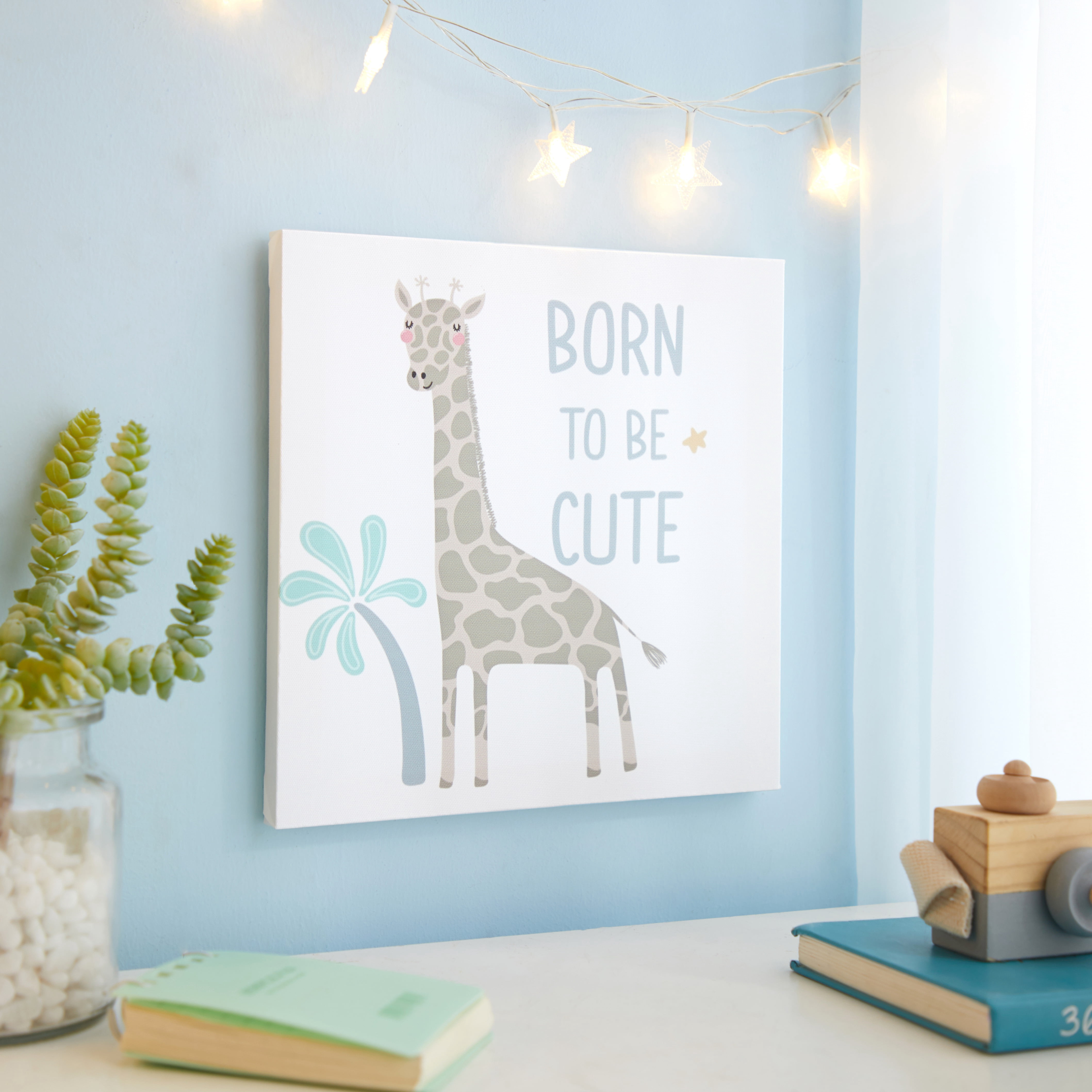 American Kids Born To Be Cute Giraffe White Canvas Wall Art for Nursey Room