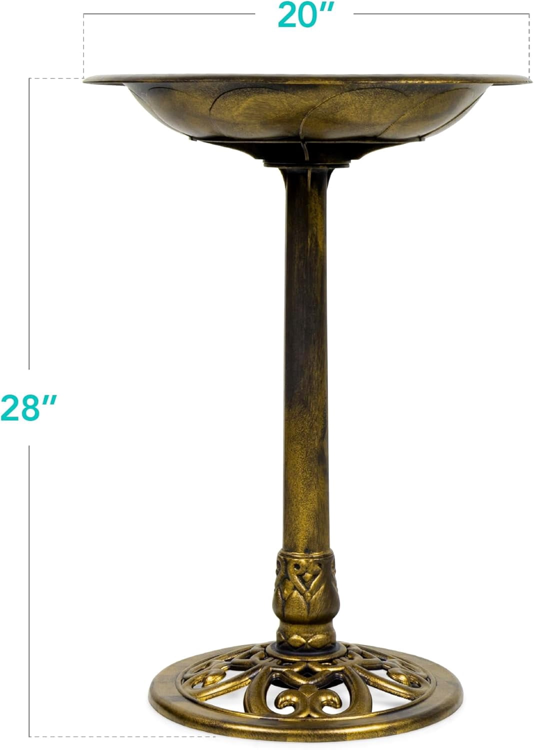 HJTER 28in Pedestal Bird Bath, Vintage Outdoor Resin Accent Decoration w/Fleur-de-Lis Accents - Gold