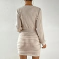 thumbnail image 5 of Zedker Women's Pullover Sweater Dress Long Lantern Sleeve Ribbed Knit V Neck Ruched Bodycon Mini Dress 2025 Fashion Dress For Women Plus Size Beige L, 5 of 9