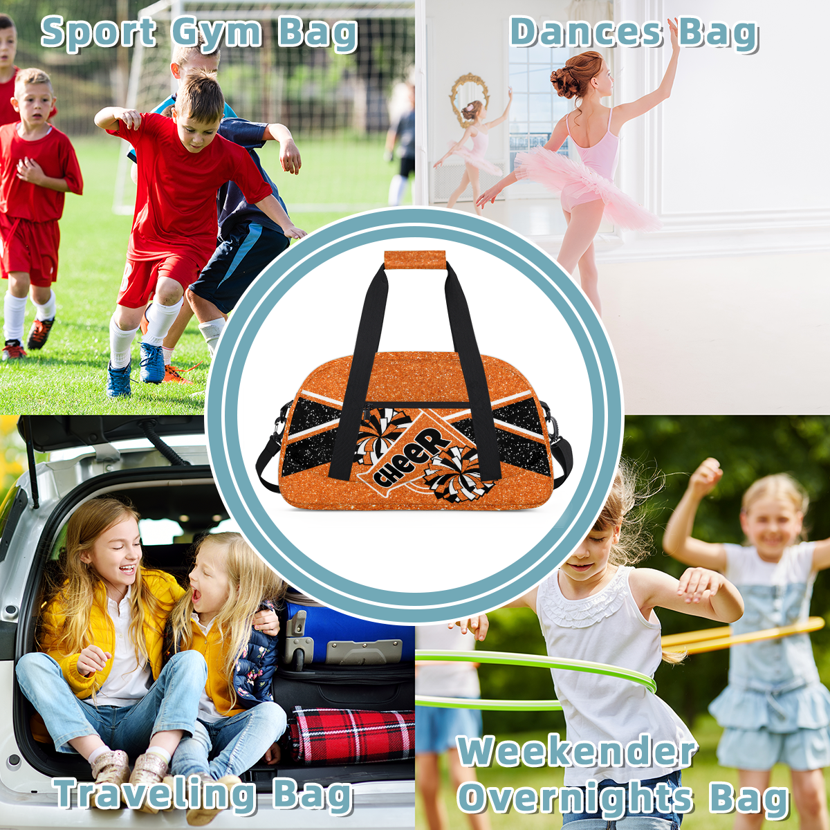 Herdesigns Cheer Bag Sports Duffle Bags Cheerleader Orange Gym Bag Weekender Travel Bag Waterproof Overnight Bag Carry On Travel Tote Bag Dance Bags