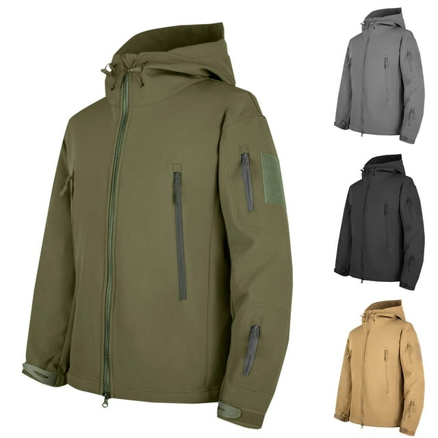 Sentmoon Waterproof Jacket Solid Color Long Sleeve Hooded Neck Coat for Men Oversized Keep Warm Zipper Windbreaker Mens Fall Clothes with Pockets Winter Trendy for Travel and Hiking Khaki S