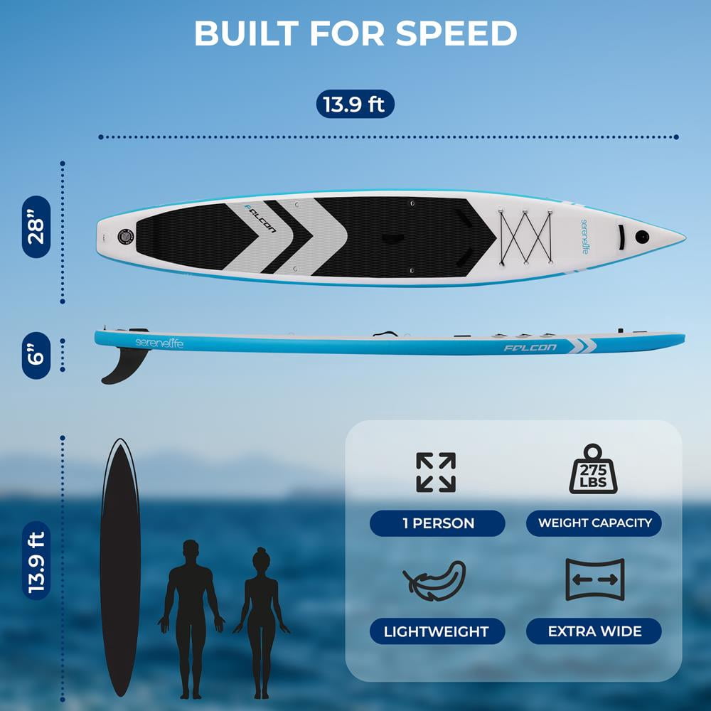 SereneLife 14 Inflatable Stand Up Paddle Board for Racing - 28 Narrow Design for Expert Paddlers with Non-Slip EVA Deck Pad, Includes Premium SUP Accessories, for Youth and Adults 275 lbs. Capacity