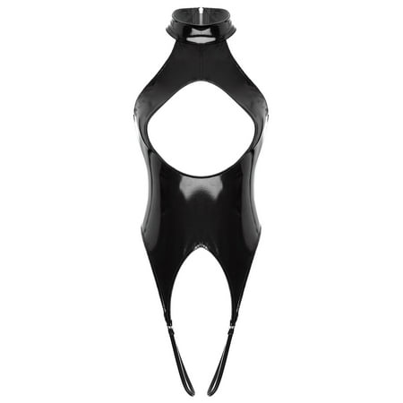 Zaldita Women s PVC Leather Wet Look Open Chest Exposing Latex Catsuit Bodysuit Lingerie Teddies Black 3XL