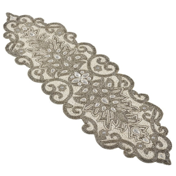 Fennco Styles Beaded Scroll Motif Table Runne - 2 Colors (Silver)