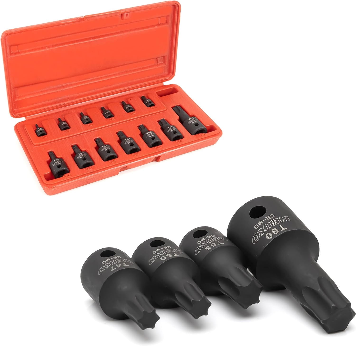 NEIKO 10281B Impact Torx Bit Socket Set, 1/4", 3/8", 1/2" Drive, 6 Point Star Sockets, Heavy Duty Impact Grade Cr-Mo, T10 to T60 High Impact, Professional Grade Auto & Motorcycle Mechanic Socket Set