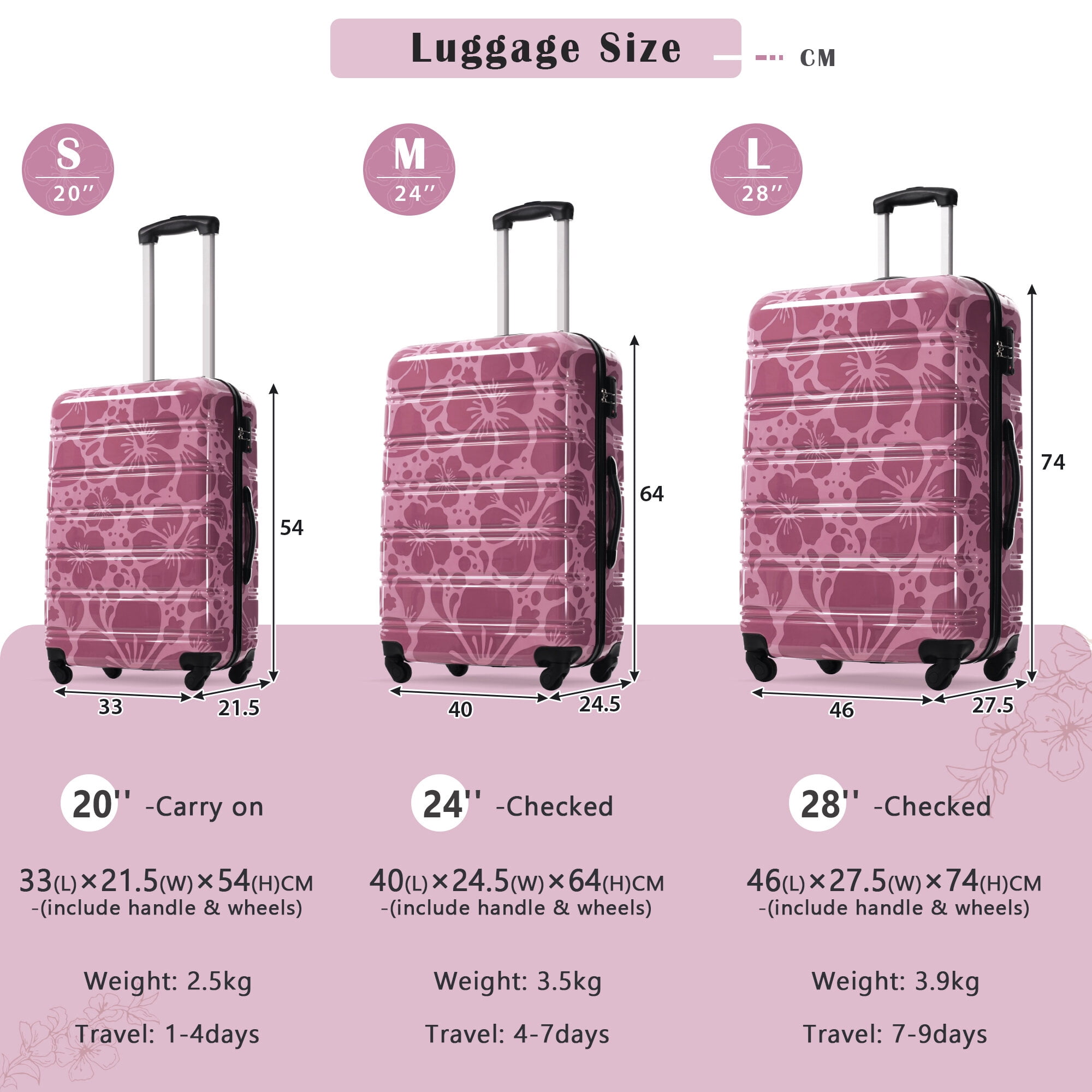 Hardside Suitcase, Hardshell Luggage Sets 3 pcs Spinner Suitcase with TSA Lock Lightweight-20"+24"+28" Luggages, Pink Purple Hardside Luggage,Pc Hardside Checked Luggage