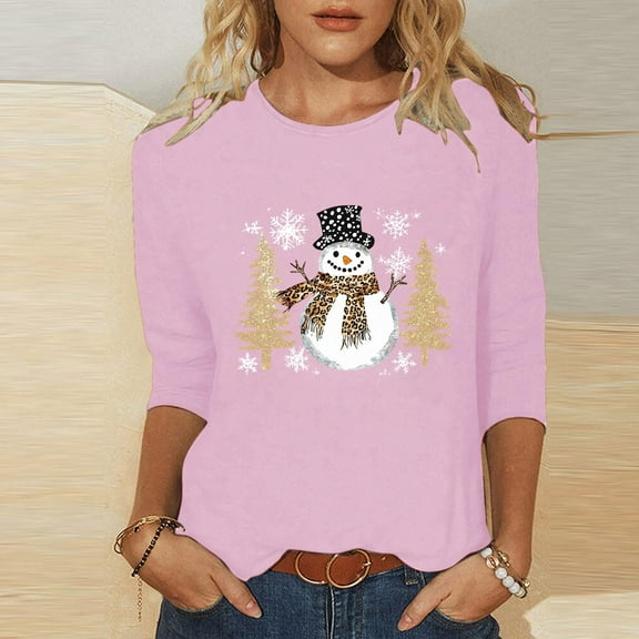 FDGIU Women's Christmas Shirts 2025 - 3/4 Sleeve Graphic Tee with Xmas Tree & Snowflake Prints, Loose Fit Tunic Top for Holiday